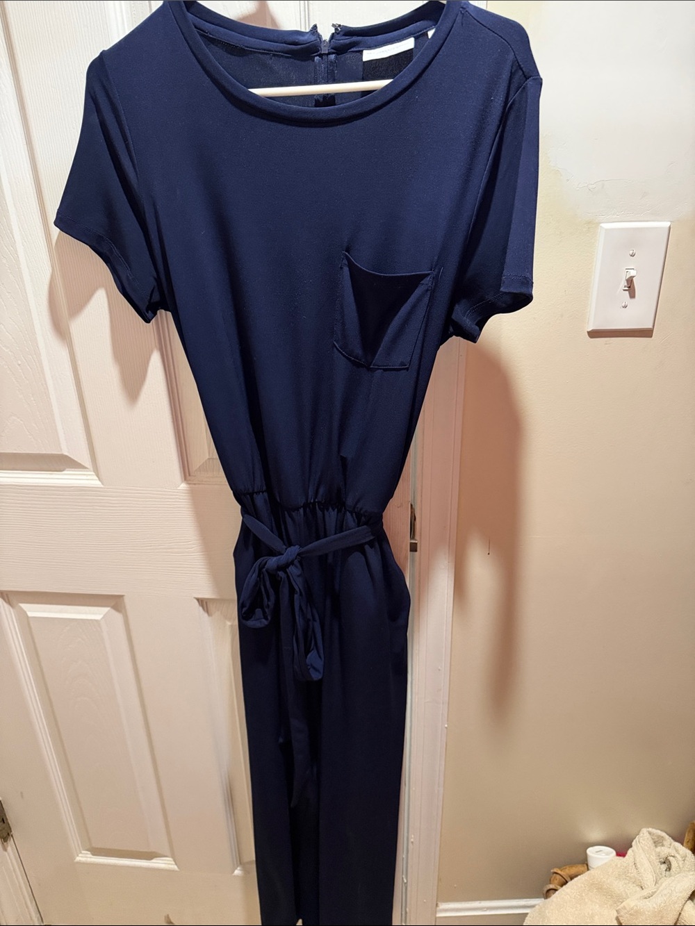 New York & Company Navy Short-Sleeve Jumpsuit with Waist Tie
